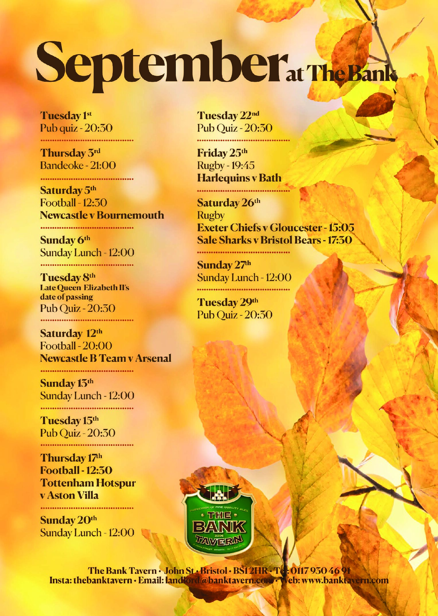 Bank Tavern September Listings